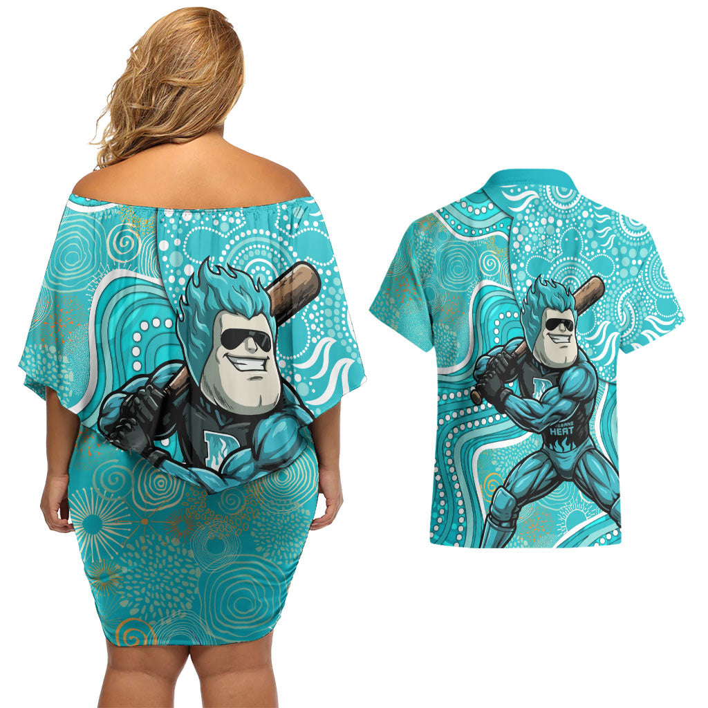 Brisbane Heat Couples Matching Off Shoulder Short Dress and Hawaiian Shirt Indigenous Dot Art Superhero Batter Tribal Pattern