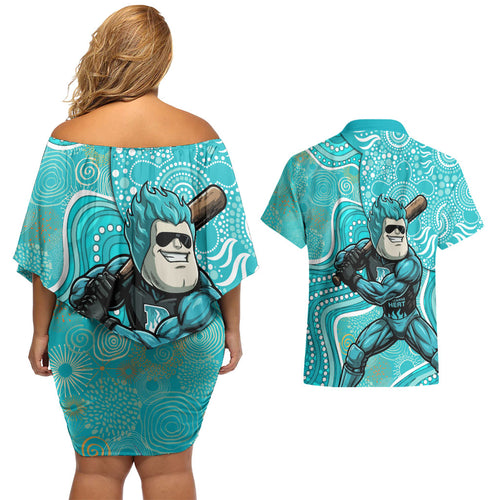 Brisbane Heat Couples Matching Off Shoulder Short Dress and Hawaiian Shirt Indigenous Dot Art Superhero Batter Tribal Pattern