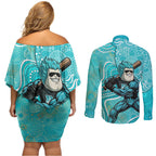 Brisbane Heat Couples Matching Off Shoulder Short Dress and Long Sleeve Button Shirt Indigenous Dot Art Superhero Batter Tribal Pattern