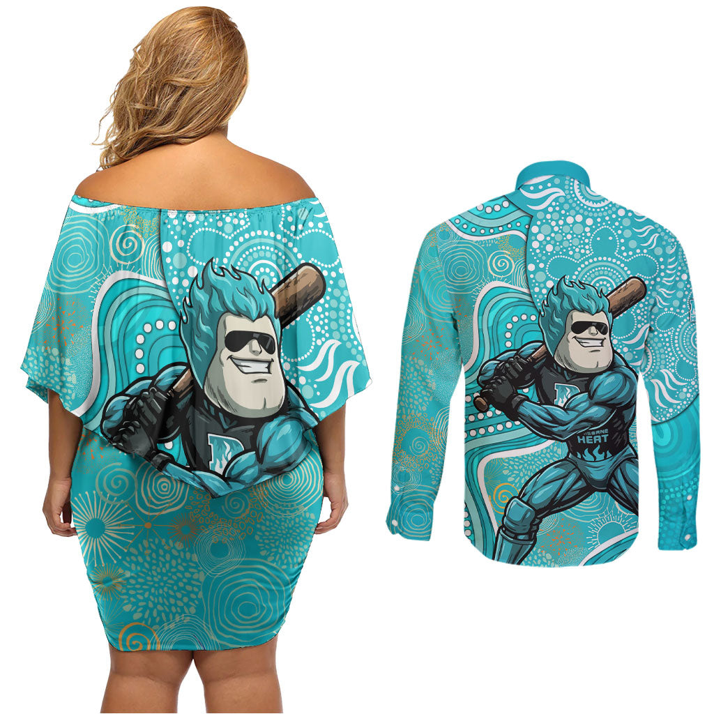 Brisbane Heat Couples Matching Off Shoulder Short Dress and Long Sleeve Button Shirt Indigenous Dot Art Superhero Batter Tribal Pattern