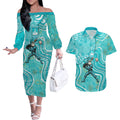 Brisbane Heat Couples Matching Off The Shoulder Long Sleeve Dress and Hawaiian Shirt Indigenous Dot Art Superhero Batter Tribal Pattern