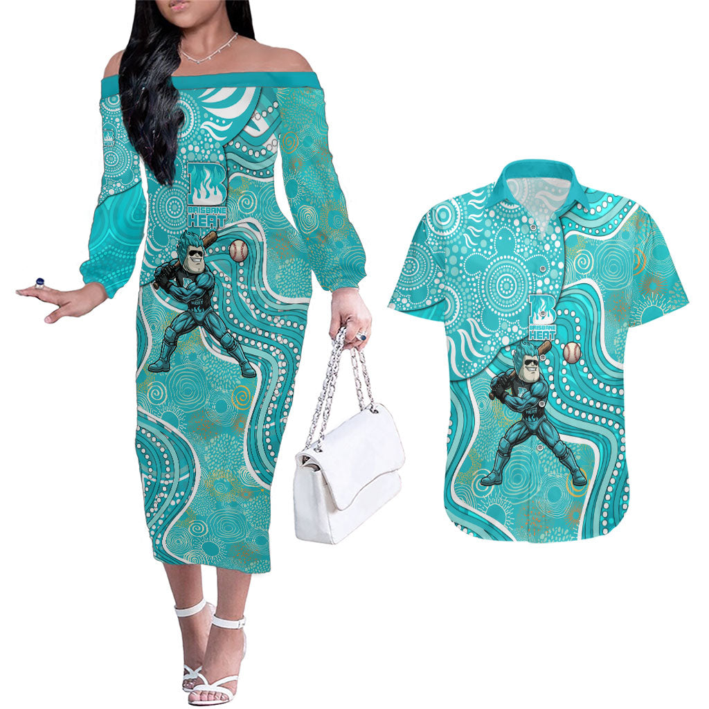 Brisbane Heat Couples Matching Off The Shoulder Long Sleeve Dress and Hawaiian Shirt Indigenous Dot Art Superhero Batter Tribal Pattern