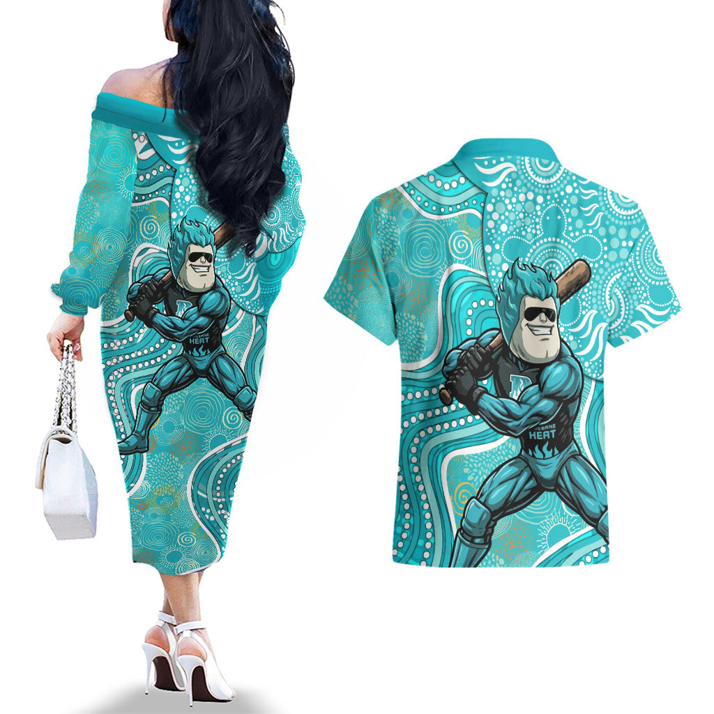 Brisbane Heat Couples Matching Off The Shoulder Long Sleeve Dress and Hawaiian Shirt Indigenous Dot Art Superhero Batter Tribal Pattern