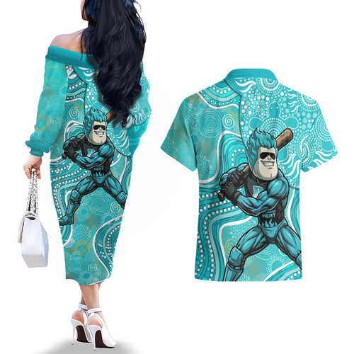 Brisbane Heat Couples Matching Off The Shoulder Long Sleeve Dress and Hawaiian Shirt Indigenous Dot Art Superhero Batter Tribal Pattern