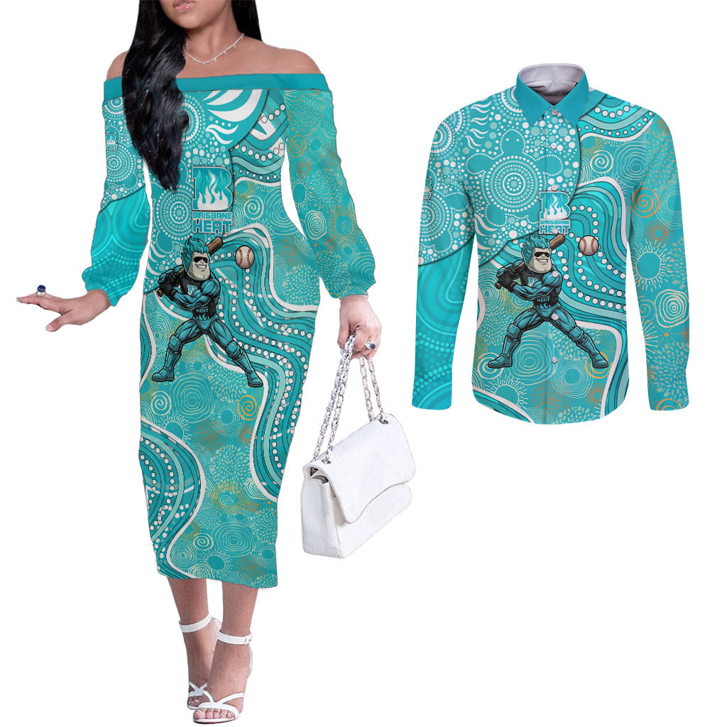 Brisbane Heat Couples Matching Off The Shoulder Long Sleeve Dress and Long Sleeve Button Shirt Indigenous Dot Art Superhero Batter Tribal Pattern