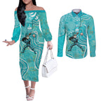Brisbane Heat Couples Matching Off The Shoulder Long Sleeve Dress and Long Sleeve Button Shirt Indigenous Dot Art Superhero Batter Tribal Pattern