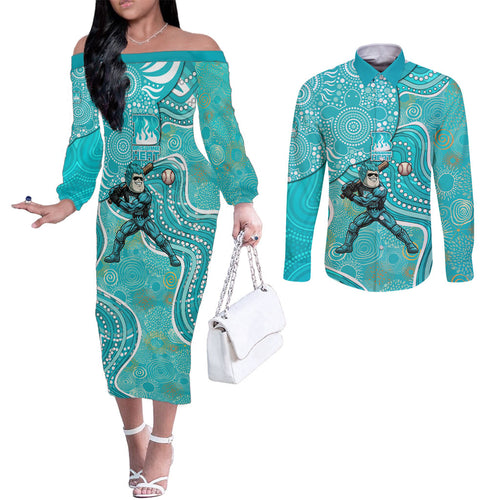 Brisbane Heat Couples Matching Off The Shoulder Long Sleeve Dress and Long Sleeve Button Shirt Indigenous Dot Art Superhero Batter Tribal Pattern