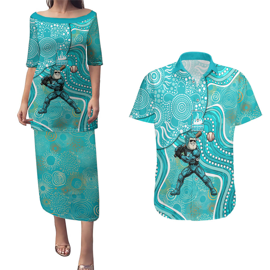 Brisbane Heat Couples Matching Puletasi and Hawaiian Shirt Indigenous Dot Art Superhero Batter Tribal Pattern