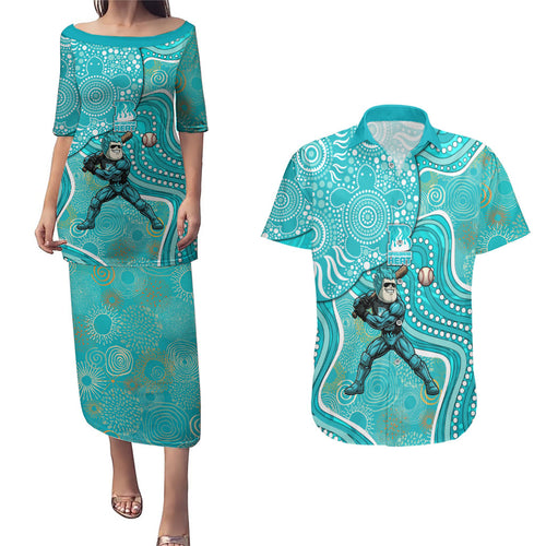 Brisbane Heat Couples Matching Puletasi and Hawaiian Shirt Indigenous Dot Art Superhero Batter Tribal Pattern