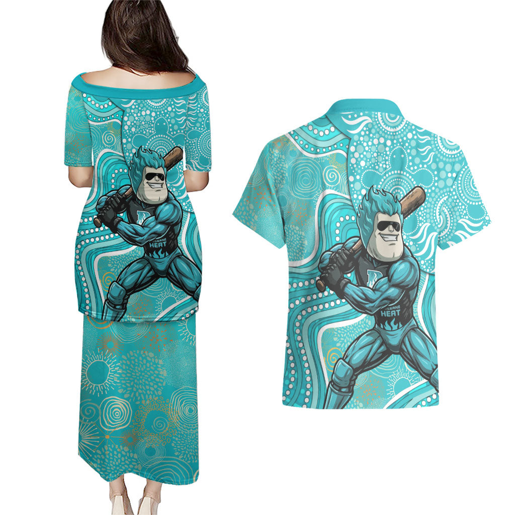 Brisbane Heat Couples Matching Puletasi and Hawaiian Shirt Indigenous Dot Art Superhero Batter Tribal Pattern