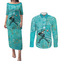 Brisbane Heat Couples Matching Puletasi and Long Sleeve Button Shirt Indigenous Dot Art Superhero Batter Tribal Pattern