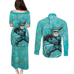 Brisbane Heat Couples Matching Puletasi and Long Sleeve Button Shirt Indigenous Dot Art Superhero Batter Tribal Pattern
