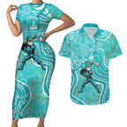 Brisbane Heat Couples Matching Short Sleeve Bodycon Dress and Hawaiian Shirt Indigenous Dot Art Superhero Batter Tribal Pattern