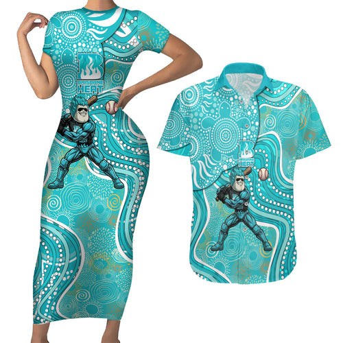 Brisbane Heat Couples Matching Short Sleeve Bodycon Dress and Hawaiian Shirt Indigenous Dot Art Superhero Batter Tribal Pattern