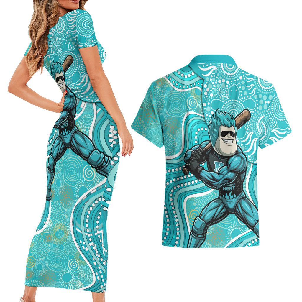 Brisbane Heat Couples Matching Short Sleeve Bodycon Dress and Hawaiian Shirt Indigenous Dot Art Superhero Batter Tribal Pattern