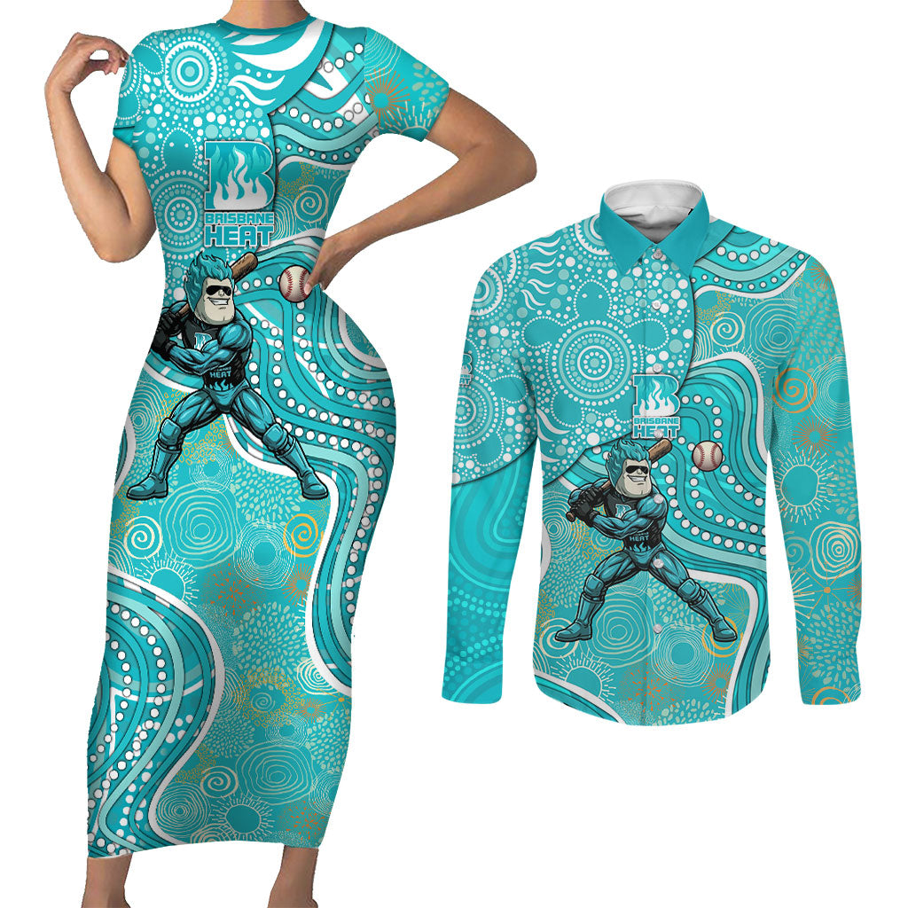 Brisbane Heat Couples Matching Short Sleeve Bodycon Dress and Long Sleeve Button Shirt Indigenous Dot Art Superhero Batter Tribal Pattern