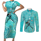Brisbane Heat Couples Matching Short Sleeve Bodycon Dress and Long Sleeve Button Shirt Indigenous Dot Art Superhero Batter Tribal Pattern