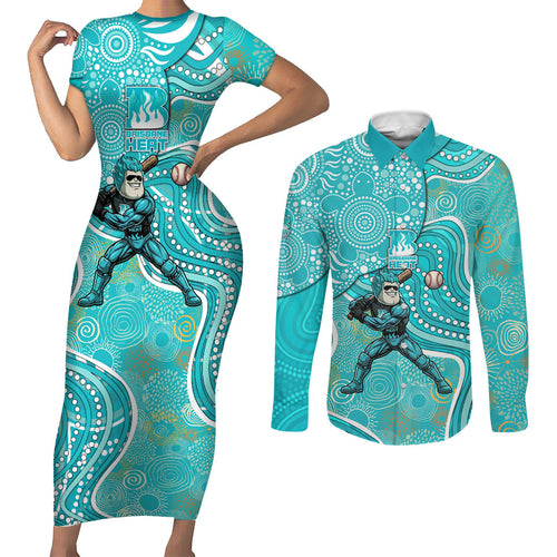 Brisbane Heat Couples Matching Short Sleeve Bodycon Dress and Long Sleeve Button Shirt Indigenous Dot Art Superhero Batter Tribal Pattern
