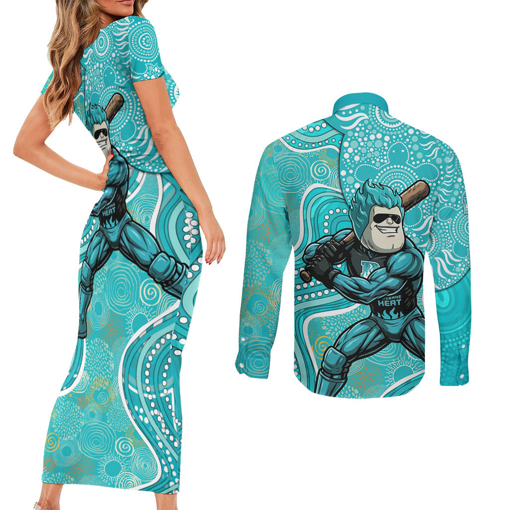 Brisbane Heat Couples Matching Short Sleeve Bodycon Dress and Long Sleeve Button Shirt Indigenous Dot Art Superhero Batter Tribal Pattern