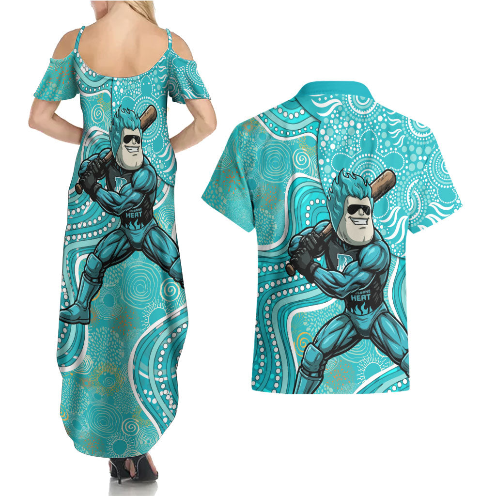 Brisbane Heat Couples Matching Summer Maxi Dress and Hawaiian Shirt Indigenous Dot Art Superhero Batter Tribal Pattern
