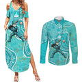Brisbane Heat Couples Matching Summer Maxi Dress and Long Sleeve Button Shirt Indigenous Dot Art Superhero Batter Tribal Pattern