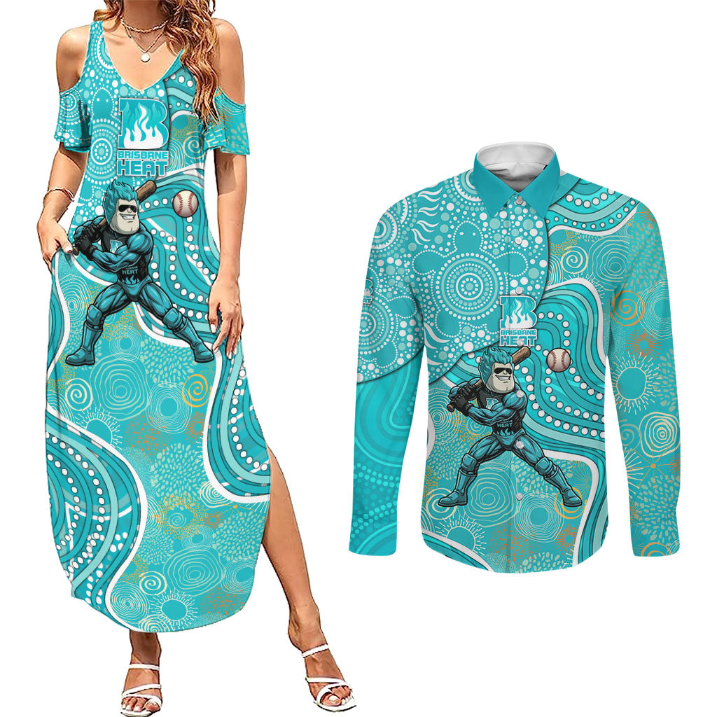 Brisbane Heat Couples Matching Summer Maxi Dress and Long Sleeve Button Shirt Indigenous Dot Art Superhero Batter Tribal Pattern