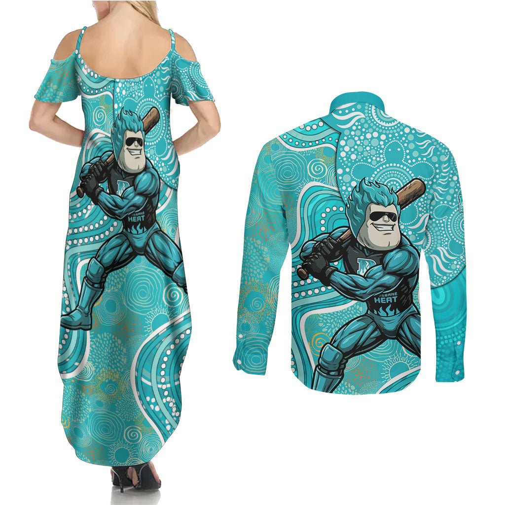 Brisbane Heat Couples Matching Summer Maxi Dress and Long Sleeve Button Shirt Indigenous Dot Art Superhero Batter Tribal Pattern