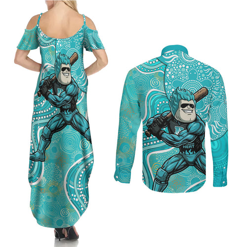 Brisbane Heat Couples Matching Summer Maxi Dress and Long Sleeve Button Shirt Indigenous Dot Art Superhero Batter Tribal Pattern