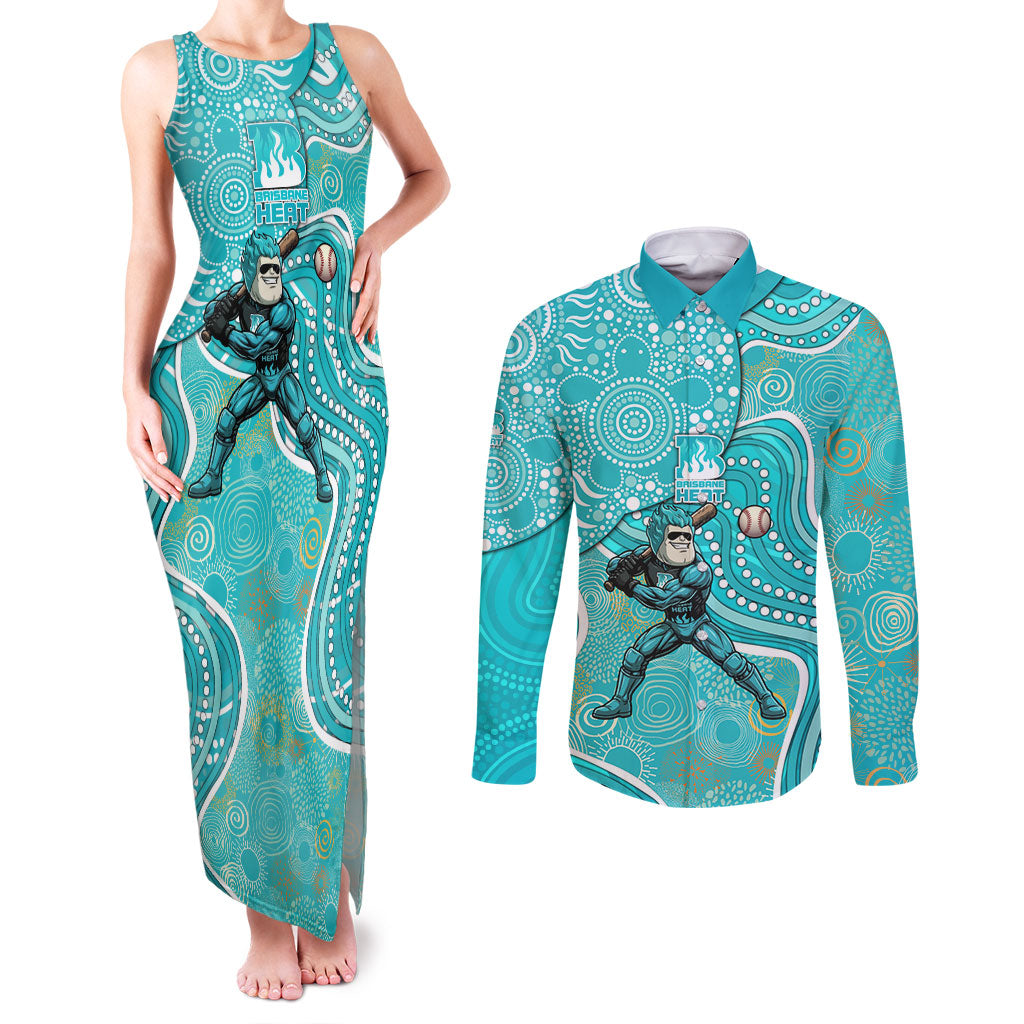 Brisbane Heat Couples Matching Tank Maxi Dress and Long Sleeve Button Shirt Indigenous Dot Art Superhero Batter Tribal Pattern