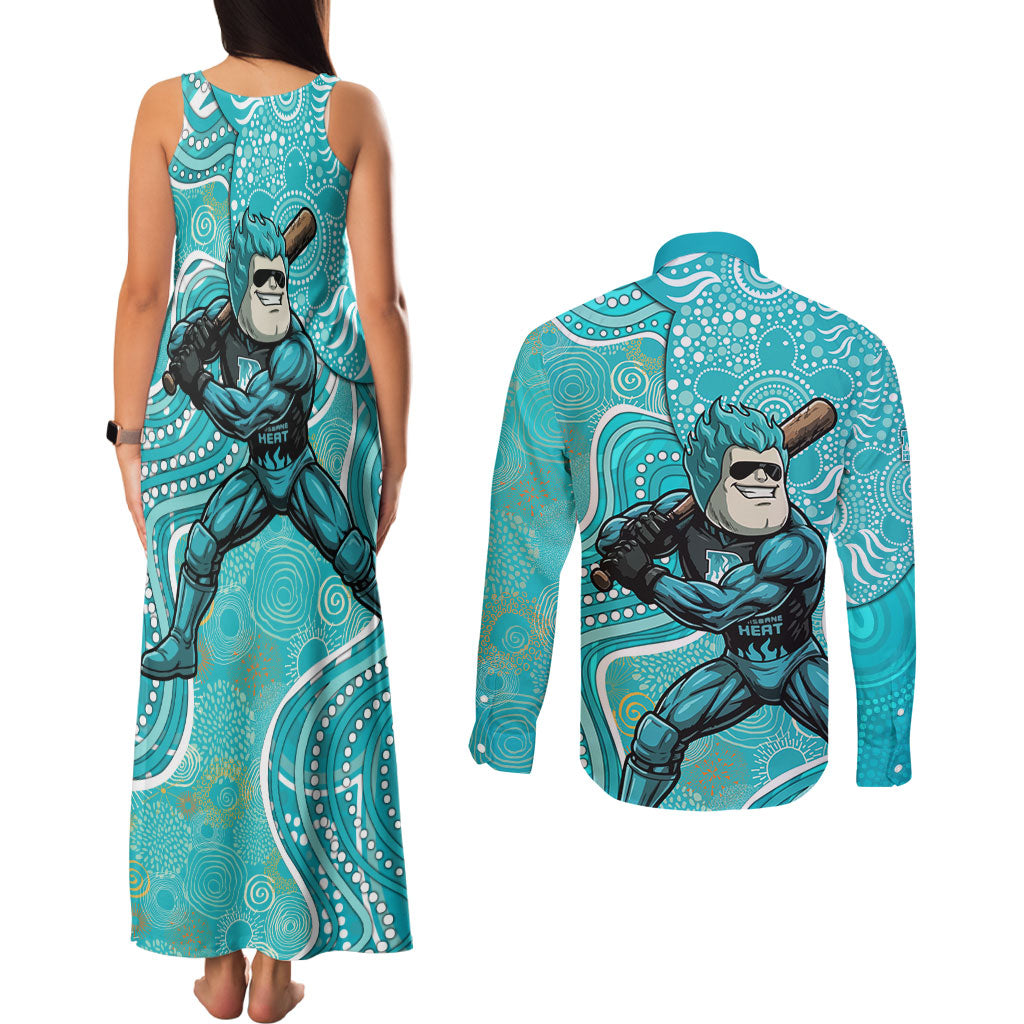 Brisbane Heat Couples Matching Tank Maxi Dress and Long Sleeve Button Shirt Indigenous Dot Art Superhero Batter Tribal Pattern