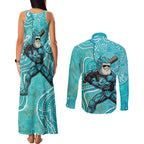 Brisbane Heat Couples Matching Tank Maxi Dress and Long Sleeve Button Shirt Indigenous Dot Art Superhero Batter Tribal Pattern