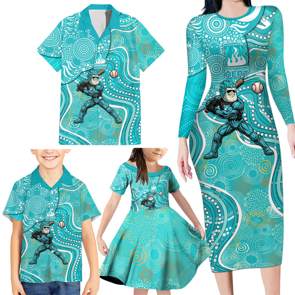 Brisbane Heat Family Matching Long Sleeve Bodycon Dress and Hawaiian Shirt Indigenous Dot Art Superhero Batter Tribal Pattern