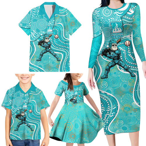 Brisbane Heat Family Matching Long Sleeve Bodycon Dress and Hawaiian Shirt Indigenous Dot Art Superhero Batter Tribal Pattern