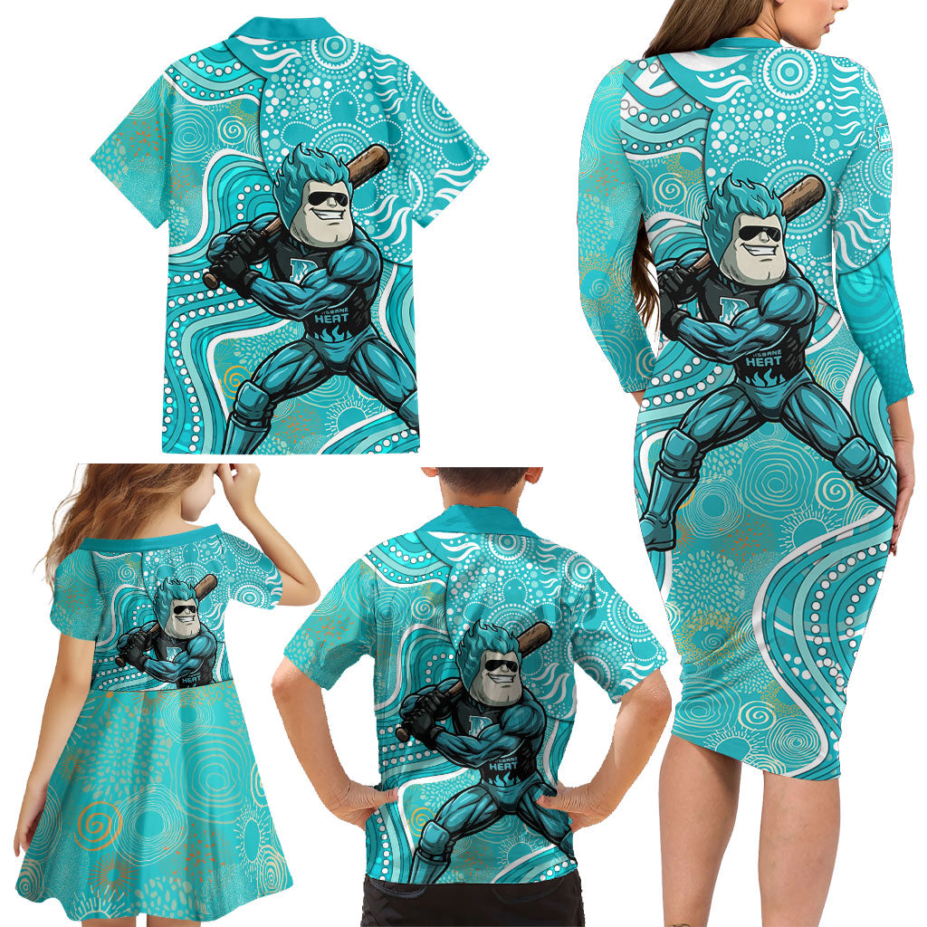 Brisbane Heat Family Matching Long Sleeve Bodycon Dress and Hawaiian Shirt Indigenous Dot Art Superhero Batter Tribal Pattern