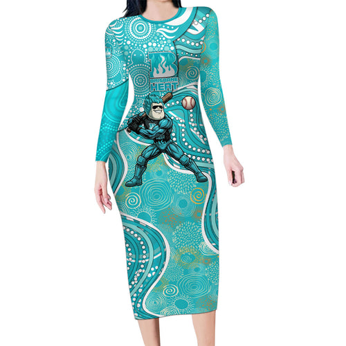 Brisbane Heat Family Matching Long Sleeve Bodycon Dress and Hawaiian Shirt Indigenous Dot Art Superhero Batter Tribal Pattern