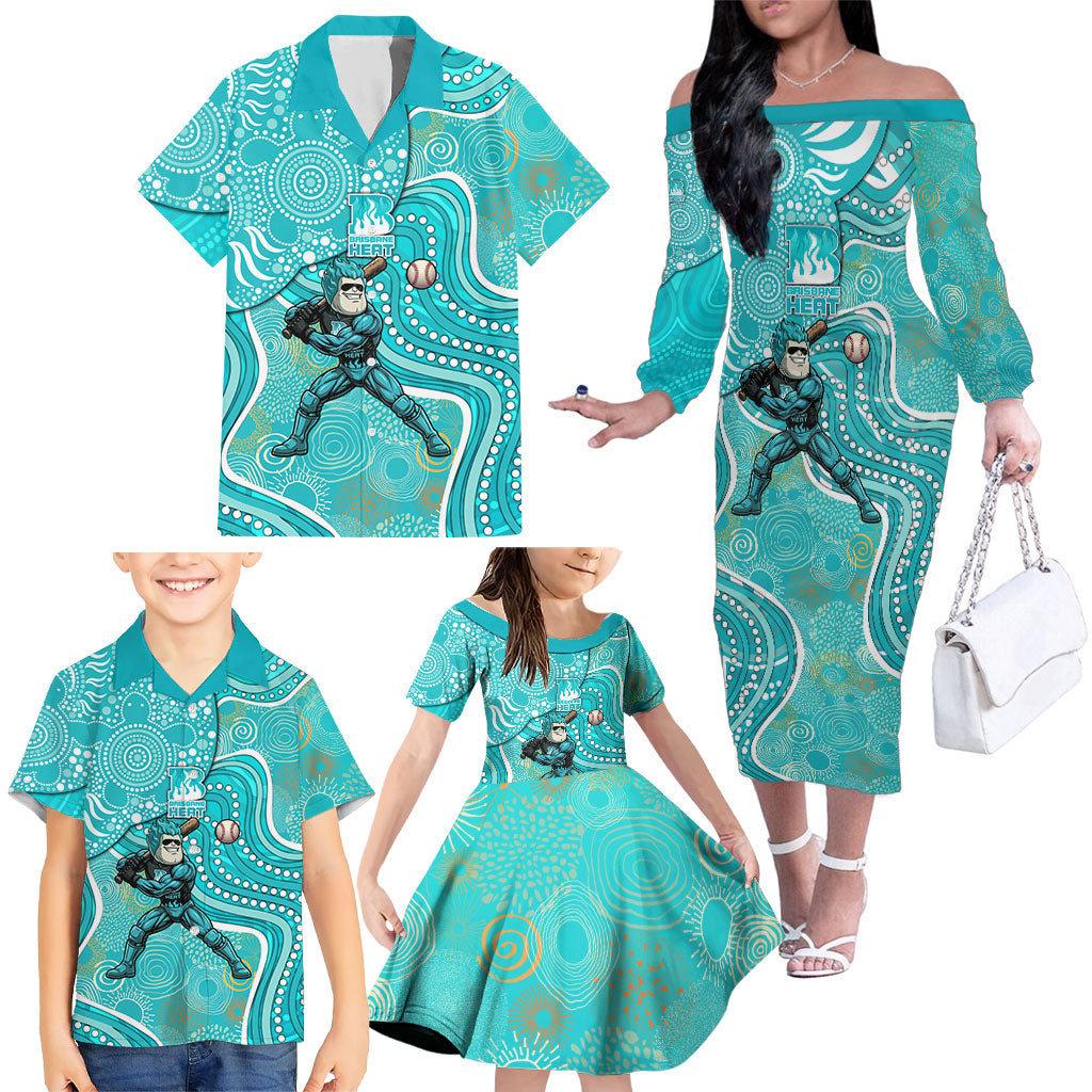Brisbane Heat Family Matching Off The Shoulder Long Sleeve Dress and Hawaiian Shirt Indigenous Dot Art Superhero Batter Tribal Pattern