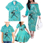 Brisbane Heat Family Matching Off The Shoulder Long Sleeve Dress and Hawaiian Shirt Indigenous Dot Art Superhero Batter Tribal Pattern