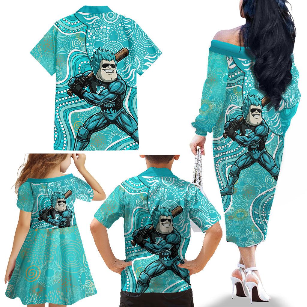 Brisbane Heat Family Matching Off The Shoulder Long Sleeve Dress and Hawaiian Shirt Indigenous Dot Art Superhero Batter Tribal Pattern