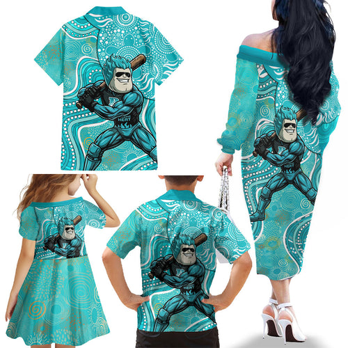 Brisbane Heat Family Matching Off The Shoulder Long Sleeve Dress and Hawaiian Shirt Indigenous Dot Art Superhero Batter Tribal Pattern