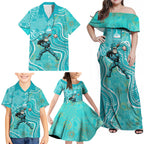 Brisbane Heat Family Matching Off Shoulder Maxi Dress and Hawaiian Shirt Indigenous Dot Art Superhero Batter Tribal Pattern