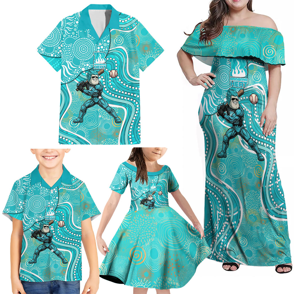 Brisbane Heat Family Matching Off Shoulder Maxi Dress and Hawaiian Shirt Indigenous Dot Art Superhero Batter Tribal Pattern