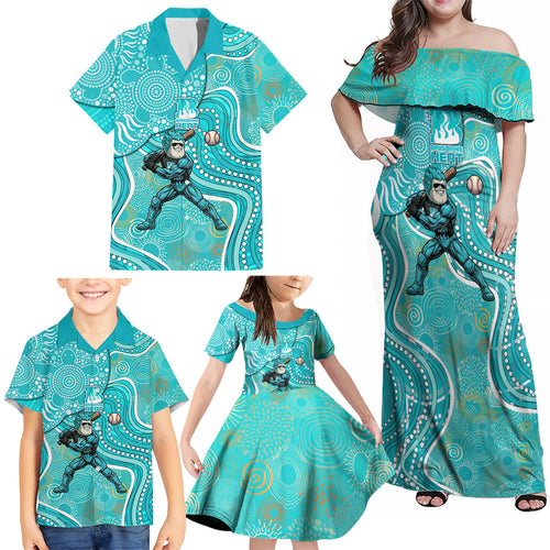 Brisbane Heat Family Matching Off Shoulder Maxi Dress and Hawaiian Shirt Indigenous Dot Art Superhero Batter Tribal Pattern