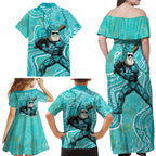 Brisbane Heat Family Matching Off Shoulder Maxi Dress and Hawaiian Shirt Indigenous Dot Art Superhero Batter Tribal Pattern