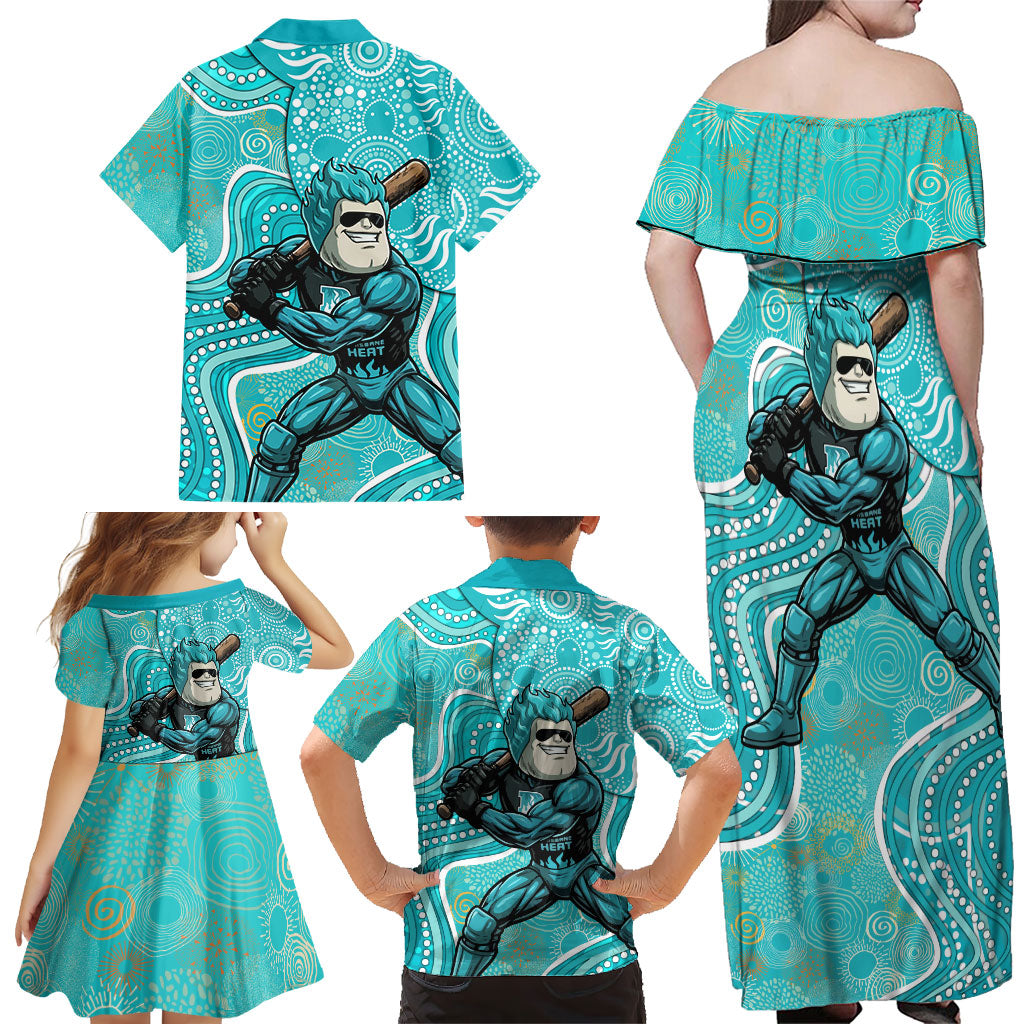 Brisbane Heat Family Matching Off Shoulder Maxi Dress and Hawaiian Shirt Indigenous Dot Art Superhero Batter Tribal Pattern