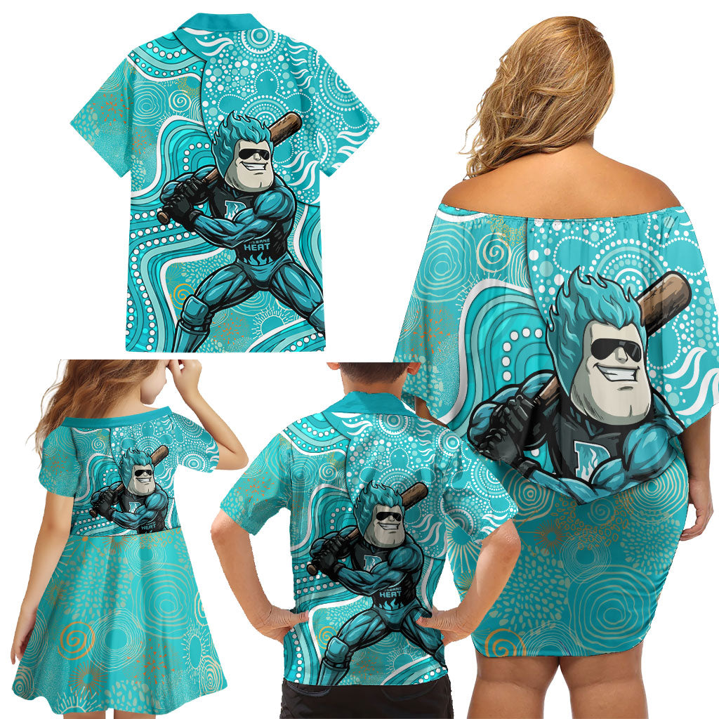 Brisbane Heat Family Matching Off Shoulder Short Dress and Hawaiian Shirt Indigenous Dot Art Superhero Batter Tribal Pattern