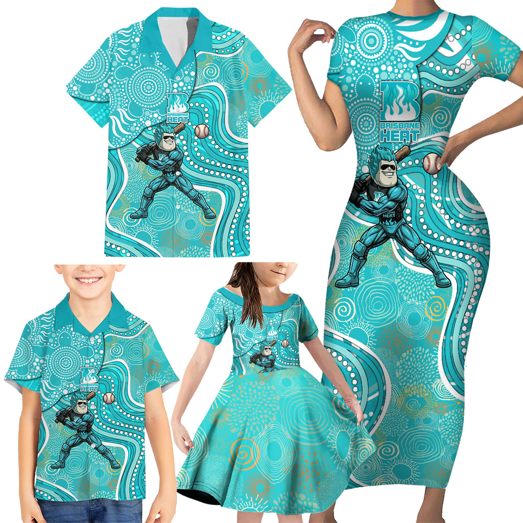 Brisbane Heat Family Matching Short Sleeve Bodycon Dress and Hawaiian Shirt Indigenous Dot Art Superhero Batter Tribal Pattern