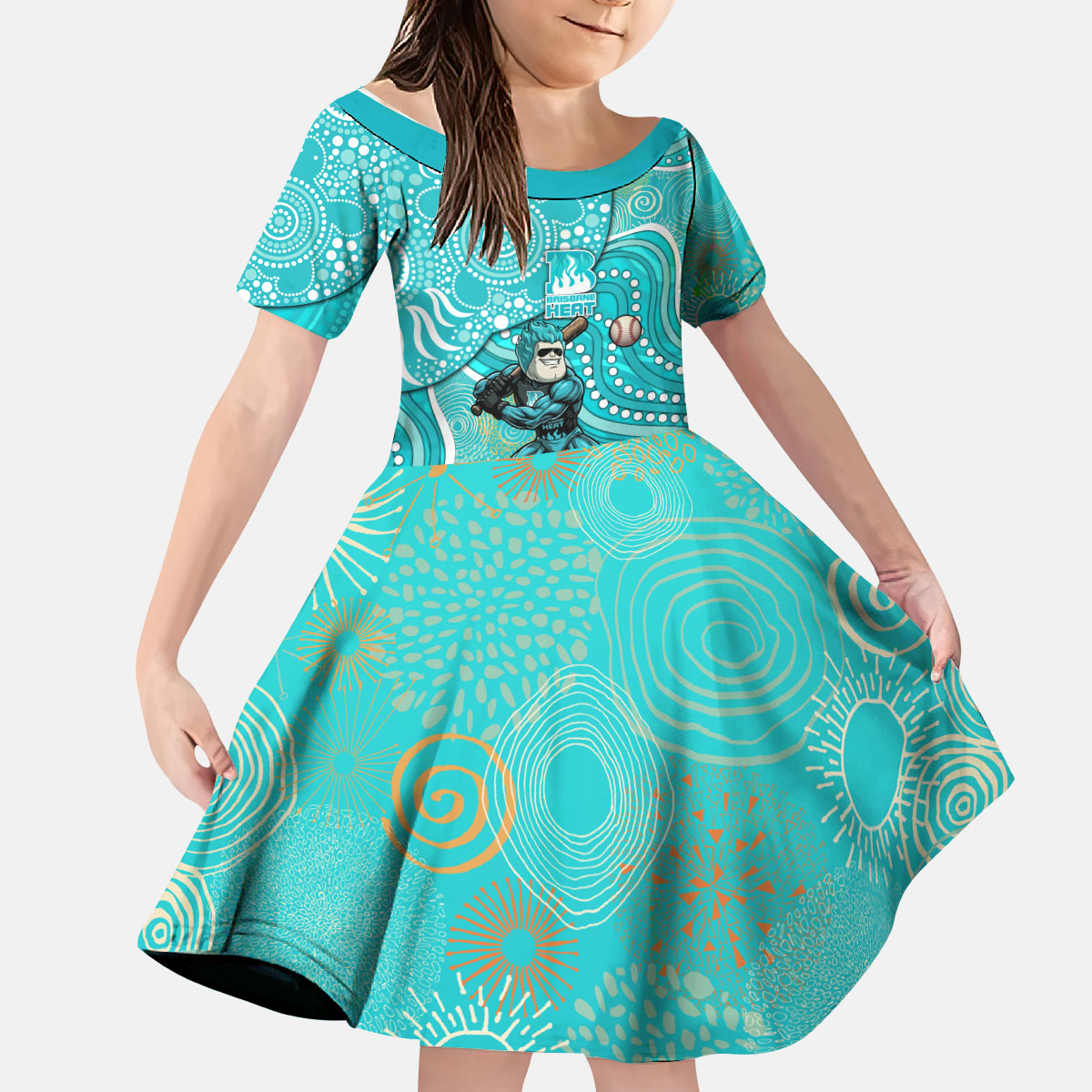 Brisbane Heat Kid Short Sleeve Dress Indigenous Dot Art Superhero Batter Tribal Pattern
