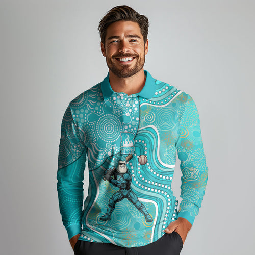 Brisbane Heat Long Sleeve Polo Shirt Indigenous Dot Art Superhero Batter Tribal Pattern