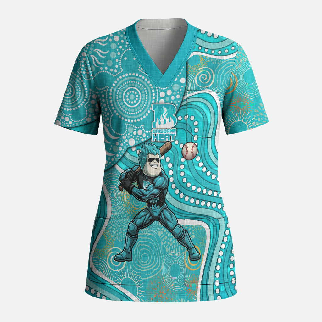 Brisbane Heat Scrub Top Indigenous Dot Art Superhero Batter Tribal Pattern