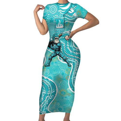Brisbane Heat Short Sleeve Bodycon Dress Indigenous Dot Art Superhero Batter Tribal Pattern